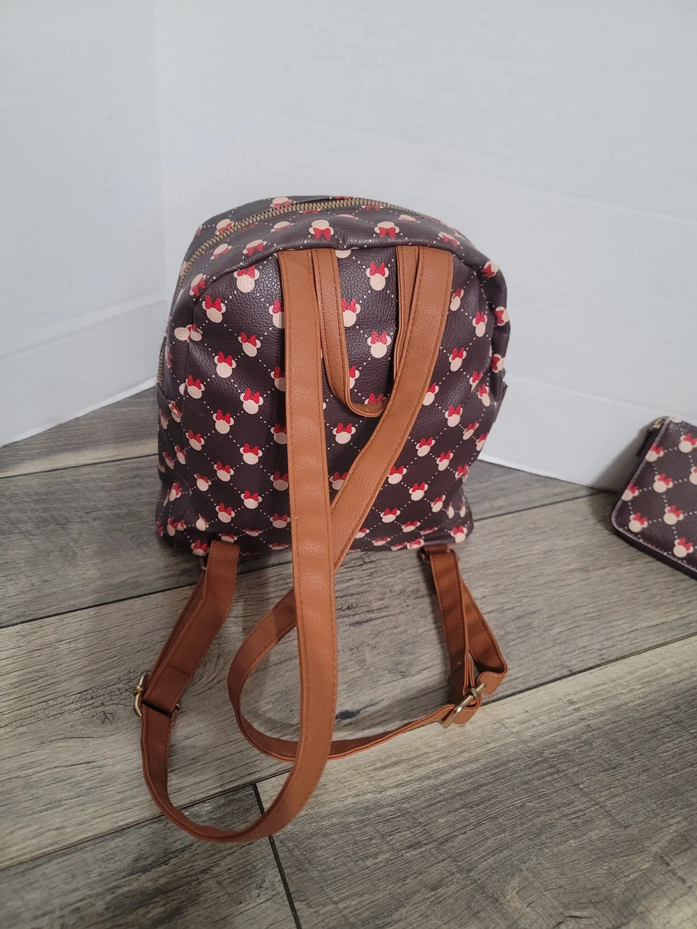 Disney Brand Minnie Mouse Backpack Purse And Wallet Zippered Brown Red Tan Color